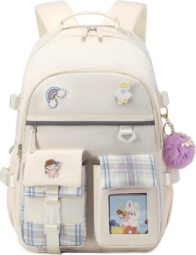 Vista 2 de Mochila para niñas de 15.6 pulgadas para laptop, bolsa escolar para niños de primaria y universidad, mochilas y bolsos escolares para niñas Beige