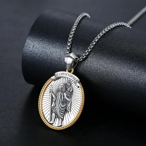 Vista 2 de StoryEtain Collar de San MiguelCristóbal y Peregrino para hombre, plata de ley 925, colgante de San Cristóbal, joyería católica, regalo de religión