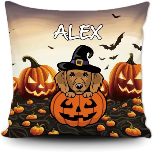 Vista 9 de Funda de almohada personalizada de Halloween, perro labrador con sombrero de bruja, calabaza, Halloween, cachorro, funda de cojín decorativa de lona