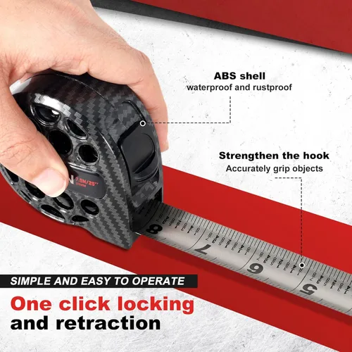 Vista 6 de Cinta métrica negra 25FT/7.5M de acero inoxidable con escala de doble cara, impermeable, retráctil, cinta de medición práctica para construcción