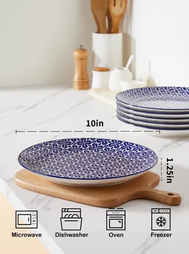 Vista 2 de Metahom Platos de cerámica de 10 pulgadas, juego de platos de porcelana azul y blanca, platos para servir pasta, panqueques, carne, ensalada, juego