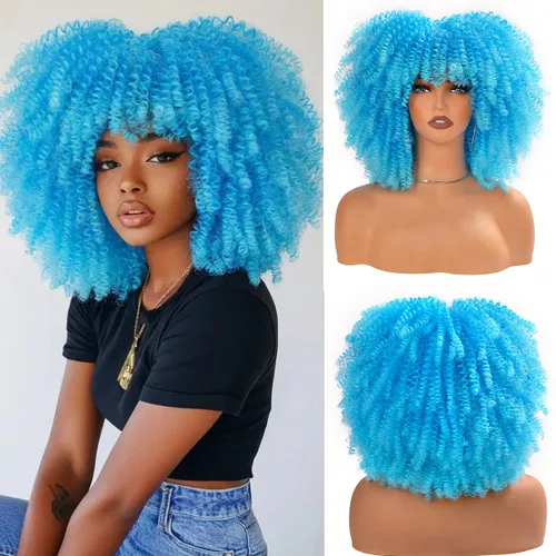 Vista 10 de Vitorish Peluca corta afro rizada con flequillo para mujeres negras, peluca sintética resistente al calor, color negro natural, para uso diario