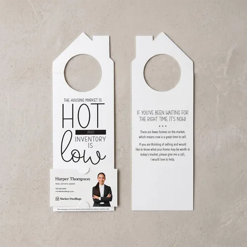 Vista 6 de Real Estate Door Hangers for Agents, The Housing Market Is Hot and Inventory Is Low, 50 Pack with Business Card Slot, 100lb Cardstock, White, Market