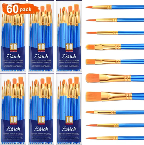 Vista 15 de Juego de pinceles de pintura ESRICH, 6 paquetes de 60 unidades, cerdas de pelo de nailon para pintura acrílica, pinceles de artista para pintura