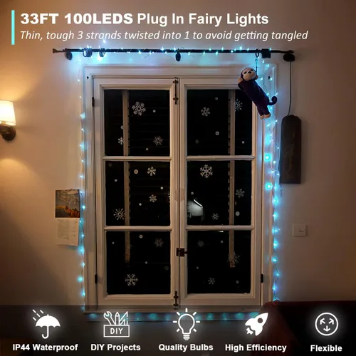 Vista 6 de Luces de Hadas USB Enchufables de 33 pies, 100 LEDs con Control Remoto, Luz Blanca Cálida de 20 Colores Cambiantes, Luces de Cadena Centelleantes