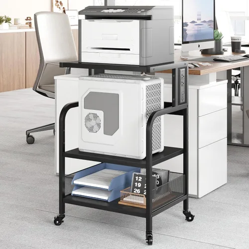 Vista 2 de IDEALHOUSE Soporte de impresora grande con tomas de corriente y puertos de carga USB, mesa de impresora móvil con estante ajustable, carrito