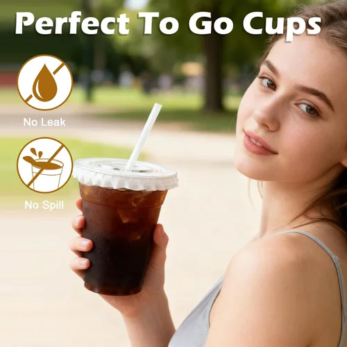 Vista 6 de Lamosi Paquete de 100 vasos de plástico transparente de 12 onzas con tapas y pajitas, tazas desechables para café helado con tapas para bebidas