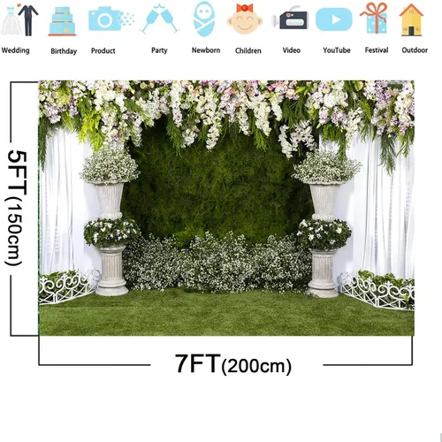 Vista 2 de Arco de flores de boda de 7 x 5 pies, telón de fondo verde para pared, ceremonia, fotografía, plantador, flores, cortina blanca, decoración de mesa