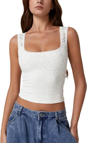 Vista 19 de QINSEN Camiseta sin mangas de doble capa con cuello cuadrado y ribete de encaje para mujer Amarillo claro