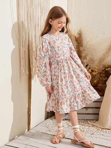 Vista 3 de WDIRARA Vestido midi de manga larga con estampado floral para niña, cuello redondo, dobladillo con volantes