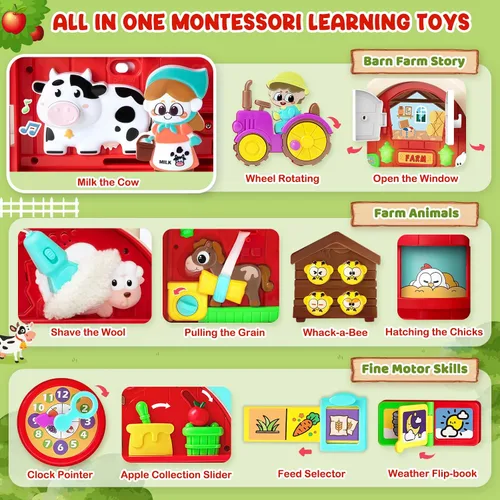 Vista 3 de Tablero Ocupado de Granja Montessori, Juguetes de Desarrollo de Habilidades Motoras para Niños de 1 y 2 Años, Regalo para Niños de 1 a 3 Años