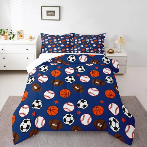 Vista 5 de Homewish Juego de edredón de juegos deportivos de pelota, tamaño twin, juego de ropa de cama de béisbol y baloncesto, 2 piezas para niños