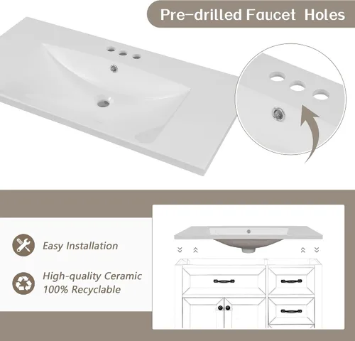 Vista 6 de Runboll Armario de tocador de baño de 36 x 18 pulgadas con parte superior del fregadero, juego de lavabo de baño con cajón y 3 agujeros para grifo