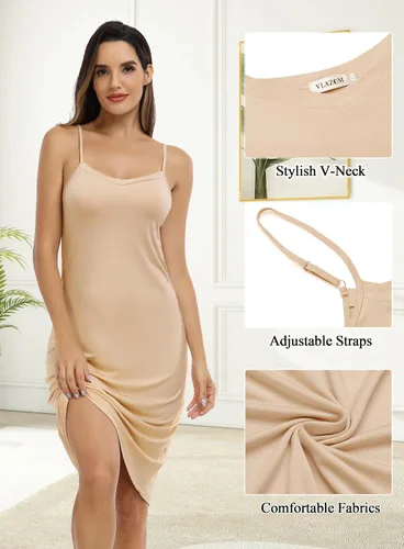 Vista 3 de Vlazom Vestido completo para mujer, tirantes delgados ajustables, básico, para debajo del vestido, camisola, minivestido para dormir, tallas S-XXL