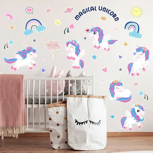 Vista 4 de fanquare Calcomanías de pared mágicas de unicornio con diseño de corazón de arco iris, decoración de pared para niños, niñas, dormitorio, sala
