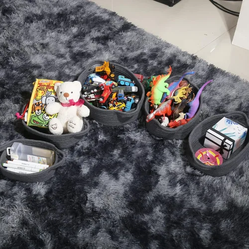 Vista 7 de VOOWO Juego de 5 cestas rectangulares de cuerda de algodón para almacenamiento, organización, decoración, gris oscuro