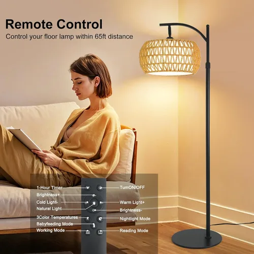 Vista 6 de Lámpara de pie de ratán boho con pantalla - Bombilla LED brillante de 12 W, altura ajustable de 48-60 pulgadas, control remoto con 3 temperaturas