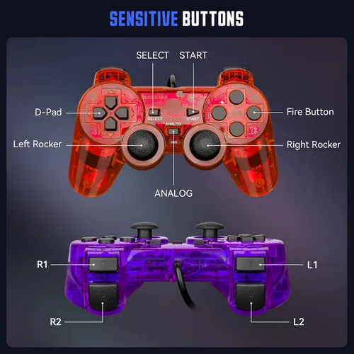 Vista 9 de Doueuain Wired Controller for PS2, 2 Pack Gamepad Remote Double Shock Compatible with Play station 2, with 1.8M Cable（Clear Red and Clear Blue）