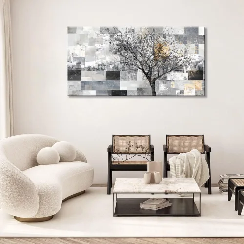 Vista 4 de LASMOND Arte de pared abstracto moderno de árbol para sala de estar, pintura en lienzo en blanco y negro, arte de pared grande de paisaje natural