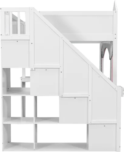 Vista 7 de Cama tipo loft de tamaño matrimonial con escalera de almacenamiento y escritorio, marco de cama tipo loft de madera maciza con ventanas, estantes