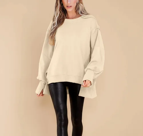 Vista 2 de BWQ - Sudadera de gran tamaño para mujer, cuello redondo, manga larga, sin botones, tallas S-2XL