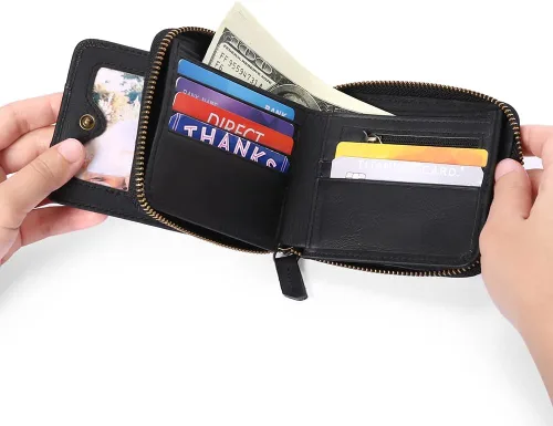 Vista 4 de Carteras GOIACII para hombres de cuero genuino con bolsillo frontal RFID con cierre de cremallera Bifold con tarjetero RFID, Zip Around, Bifold