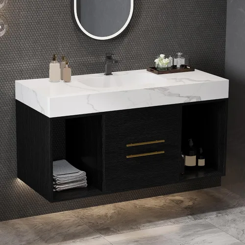 Vista 11 de SSLine Juego de tocador de baño montado en la pared con lavabo moderno de 30 pulgadas con lavabo superior y estante de almacenamiento, armario