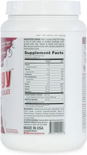 Vista 7 de Body Nutrition ISO-Ology, proteína aislada de suero en polvo mejorada con leucina, suplemento de recuperación después del entrenamiento, suero