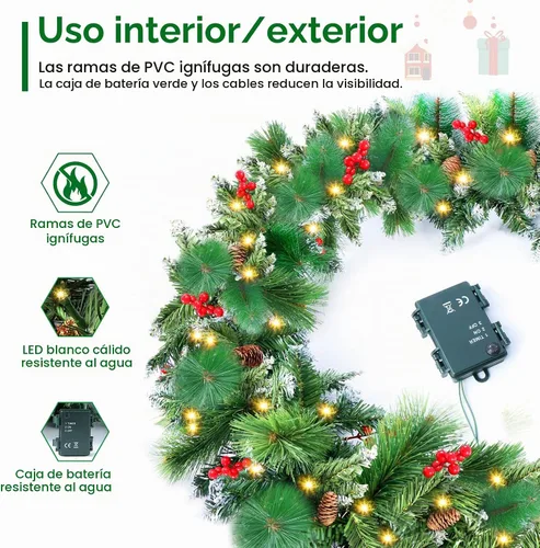 Vista 5 de Guirnalda de Navidad con luces, 50 luces LED, guirnalda preiluminada de 9 pies, funciona con pilas, decoración de Navidad para interiores