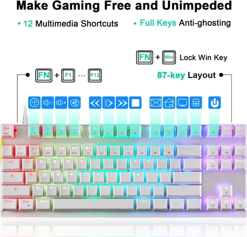 Vista 6 de Motospeed Teclado mecánico profesional para juegos RGB retroiluminado con arco iris compacto de 87 teclas con cable para juegos Windows PC