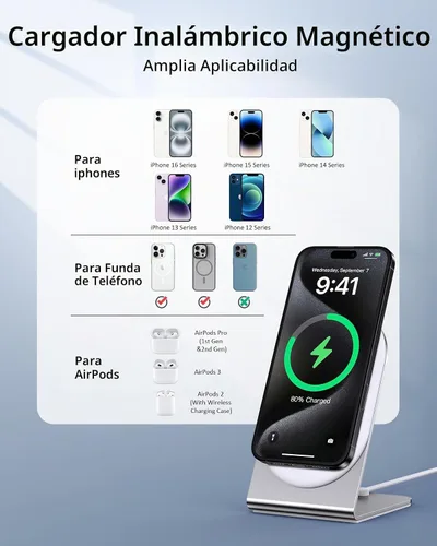 Vista 6 de Soporte de cargador inalámbrico magnético, cargador rápido de 15 W para iPhone 16-12, AirPods