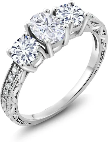 Vista 60 de Gem Stone King Anillo de compromiso de 3 piedras preciosas de oro blanco de 10 quilates con piedra natal y diamantes cultivados en laboratorio
