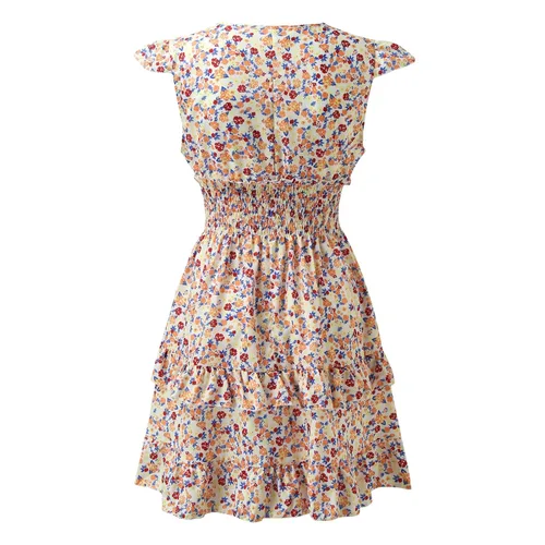 Vista 7 de Vestido corto de playa bohemio con cuello en V y manga con volantes para mujer bonito vestido corto con cintura fruncida lindo traje de playa