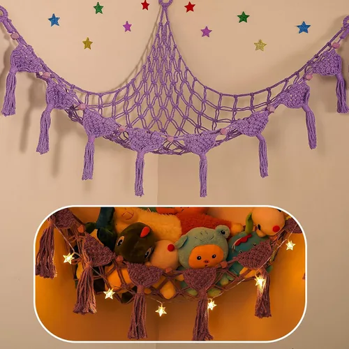 Vista 22 de Hamaca Esquinera para Animales de Peluche - Jumbo de 56'' Hecha a Mano con Cordón Doble de Macramé de 5mm, Red de Almacenamiento de Animales