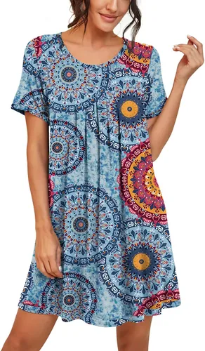 Vista 4 de PrinStory - Camisón de manga corta para mujer con plisado y cuello redondo