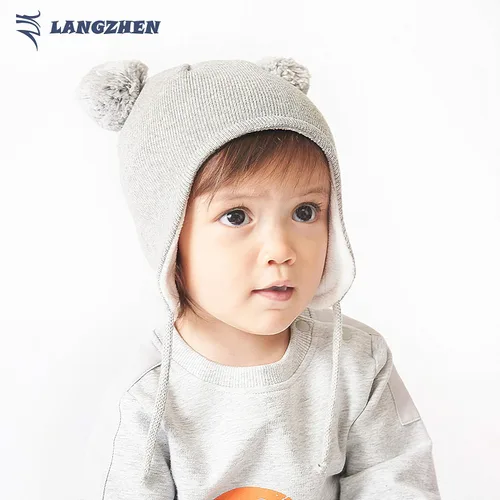 Vista 3 de LANGZHEN Lindo gorro de invierno con pompón para bebés, gorro de punto cálido para niños y niñas pequeños con forro polar
