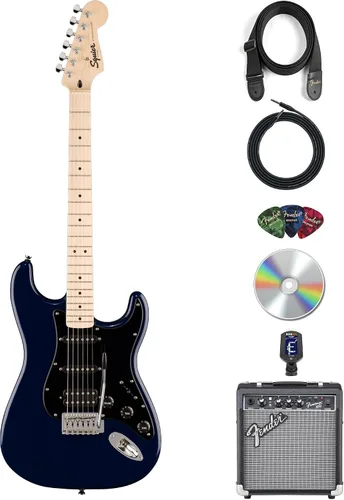 Vista 10 de Fender Squier Sonic Stratocaster HSS - Paquete negro con amplificador Frontman 10G, afinador, correa, cable, púas y DVD de guitarra Austin Bazaar