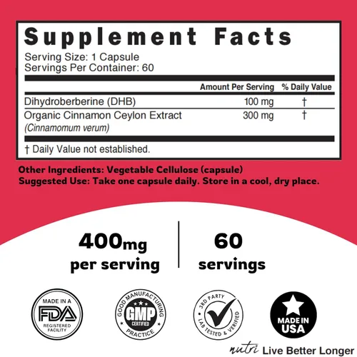 Vista 8 de Nutri Dihydroberberine 100mg con canela de Ceilán orgánica - 60 cápsulas