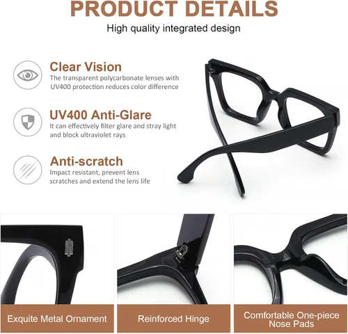 Vista 4 de AQWANO Oversized Square Reading Glasses Women, Blue Light Blocking Computer Glasses, 3-Pack Fashion Large Frame Readers