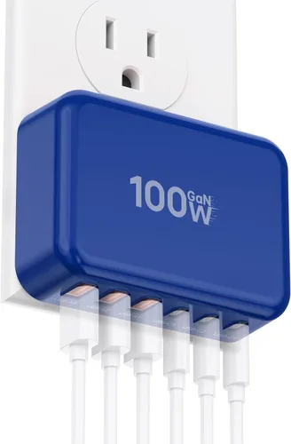 Vista 11 de Bloque de Carga Rápida, Cubo de Estación de Carga GaN de 6 Puertos USB C, Cargador de Pared de 100W de Tipo C de Múltiples Puertos con Enchufe