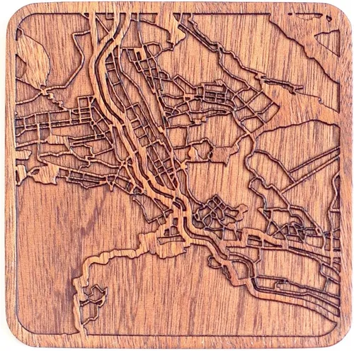 Vista 84 de Posavasos Amsterdam Map by O3 Design Studio, 1 pieza, posavasos de madera Sapele con mapa de la ciudad, hecho a mano, varias ciudades opcionales