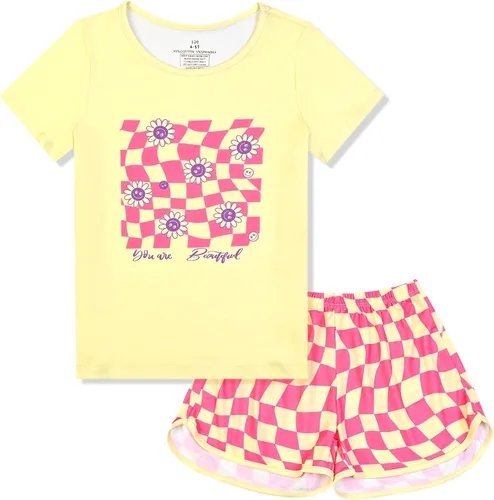 Vista 13 de QPANCY Pijamas de verano para niñas, conjuntos de pijamas de manga corta para dormir de verano