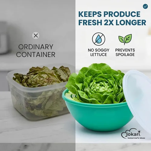 Vista 2 de Jokari Ensaladera de sandía con colador y tapa, recipiente autodrenante para frutas, verduras y verduras mixtas, incluye bandeja coladora anidable