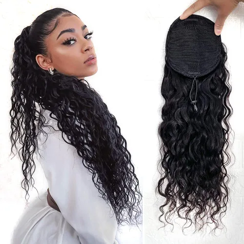 Vista 11 de Extensiones de cola de caballo con correa de cabello humano rizado, 100% cabello brasileño sin procesar, cola de caballo, pasta mágica con clip
