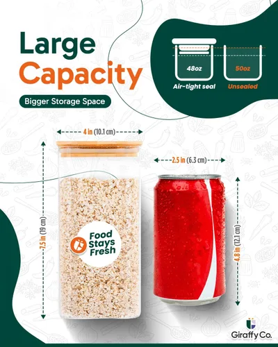 Vista 2 de Tarros de vidrio para almacenamiento de alimentos con tapas herméticas, recipientes de despensa de boca ancha, vidrio grueso sin BPA, resistente a