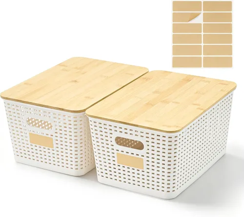 Vista 12 de Bagnizer Contenedores pequeños de plástico con tapas de bambú de 5.2 cuartos de galón, cesta apilable para despensa, contenedores decorativos lindos