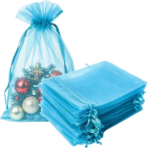 Vista 40 de Bolsas de regalo de organza de 4 x 6 pulgadas con cordón para joyas, dulces, paquetes de 50 bolsas de té de tela transparente azul aguamarina