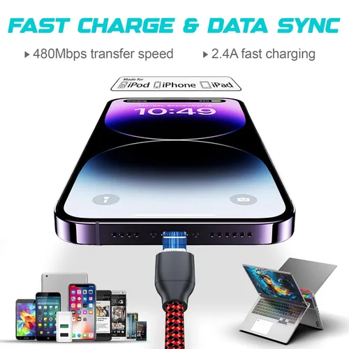 Vista 4 de Paquete de 3 cables de carga para iPhone de 6 pies con certificación MFi, trenzados, de carga rápida, duraderos y curvados de 25 K+ para iPhone