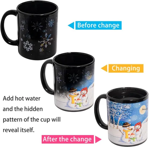 Vista 3 de Taza de cerámica con diseño de muñeco de nieve que cambia de color, taza de café mágica de 12 onzas, novedad para regalos divertidos de Navidad
