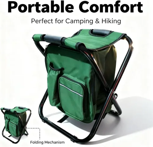 Vista 3 de Folding Backpack Stool, Heavy Duty Cloth with Cooler Bag, Lightweight Portable - X - Bracket, Convenient Side Pocket, Ideal for Camping and Fishing